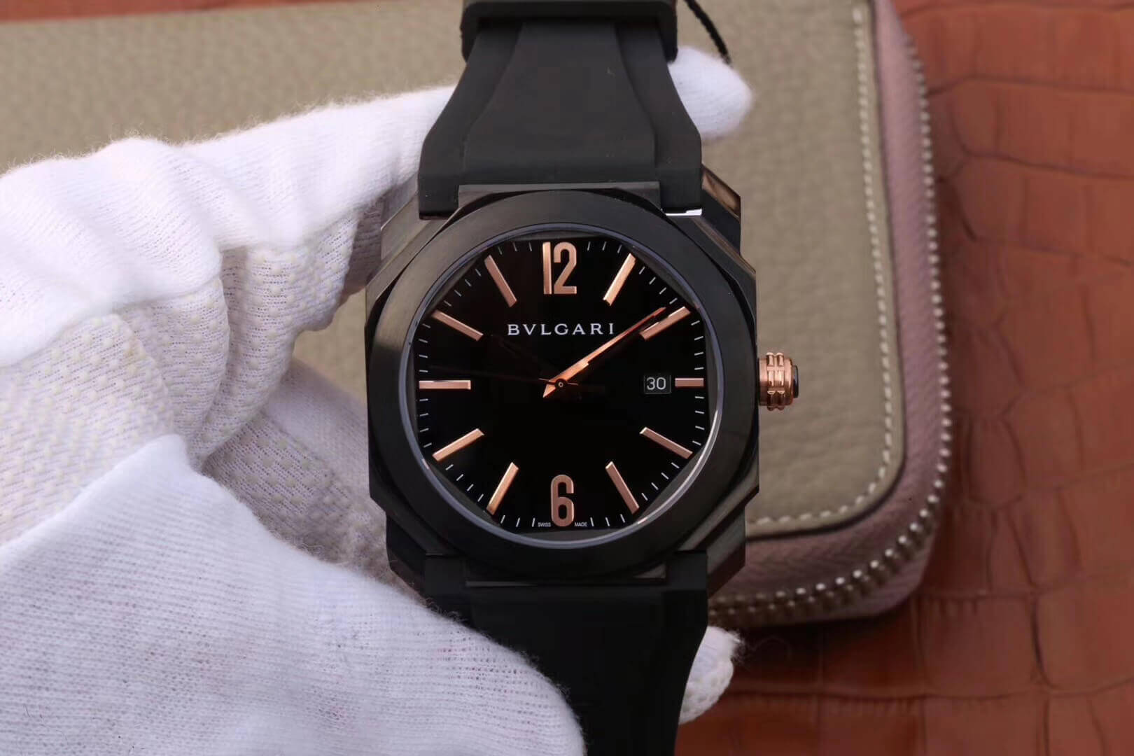 1-14-1 Replica Bvlgari Octo 102581 BGO41BBSVD Black Rubber Strap - Image 1